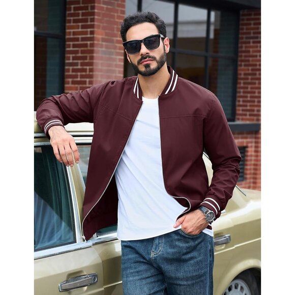 Men's Red  Bomber Lightweight Casual Spring Fall Windbreaker Zip Up Jacket - Picture 5 of 8